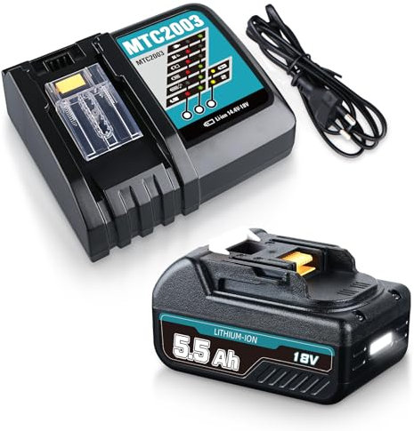 5.5Ah Lithium-Ionen Ersatz für Makita Akku 18V Kompatibel mit 18V Akku BL1850B und Ersatz für Makita Ladegerät 3A Ladegerät DC18RC
