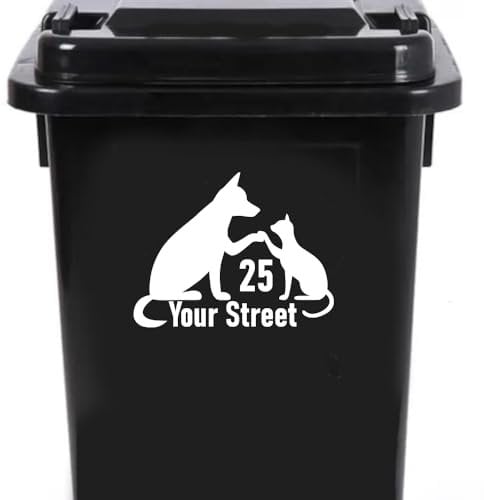 Pack of 3 Dog and Cat Print Waterproof Personalised Wheelie Bin Stickers Custom House Number - Stick On House Numbers - Street Name Stickers
