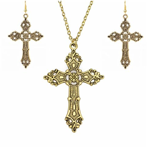 Dishowme 3Pcs Gothic Kreuz Halskette Ohrringe Sets Vintage Punk Vampir Kruzifix Halskette Schmuck Sets für Damen Frauen Religiös Christ beten