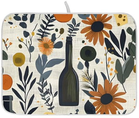OWFKAY Dish Drying Mat for Kitchen Counter-Flower Grass Wine Bottle Pattern,45cmx60cm Quick Dry Dish Drainer Mat，Draining Board Mats，Self Drying Mat for Coffee Machine Sink Dish Rack