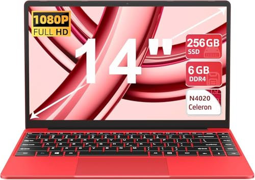 Ordenador Portatil Celeron N4020 Up to 2.8Ghz, Ordenadores Portatiles 14 Pulgadas Win 11 con 5G WiFi 6+256GB SSD Expansión 1TB, BT 4.2 1920X1080 FHD Mini Puerto Multimedia Portatiles Buenos-Rojo