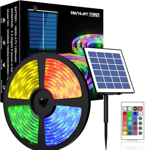 MIWATT Tira de Luz LED Solar para Exteriores, 5M Tira de Luz LED RGB con Energía Solar SMD 5050 Luces LED, IP67 Luces de Cuerda Impermeables