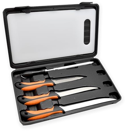 NAMAKA Set Professionale di Coltelli da Pesca Perfetto per i Pescatori, 3 Coltelli da Pesca, Tagliere, Affilatore e Custodia per il Trasporto. Ideali per la pesca in mare e in acque interne.