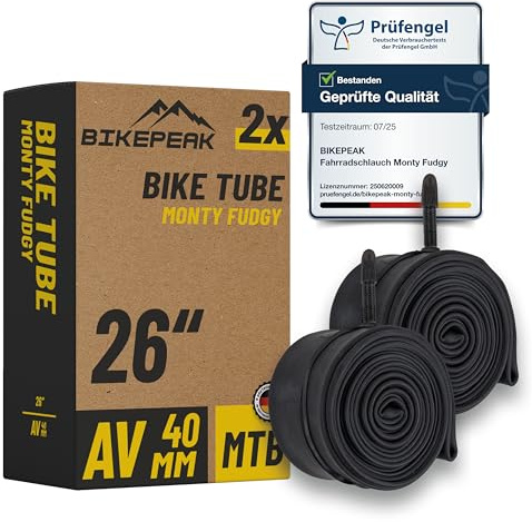 BikePeak 2X Fahrradschlauch MTB 26 Zoll mit schwarzem Autoventil 40mm - Schlauch AV Schrader Ventil, ETRTO 40/62-559, 650B - 2er Set Schläuche Monty Fudgy