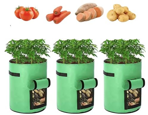UTTAM Potato Grow Bags 3 Pack - 7 Gallon Growing Sack for Soil & Root Vegetables, Strawberry, Carrot, Tomato, Plants, Non-woven Planter Fabric Bag Extra Strong for Heavy Compost