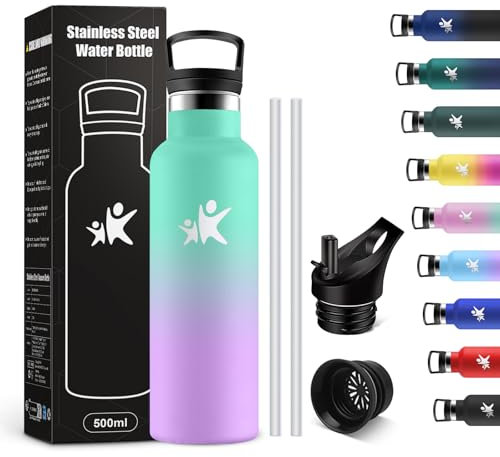 KollyKolla Trinkflasche Kinder 500ml, Auslaufsicher Thermosflasche mit Strohhalm, Kohlensäure Geeignet, BPA-frei, Isolierflasche Doppelwandig, Wasserflasche für Büro, Schule, Reisen, Camping