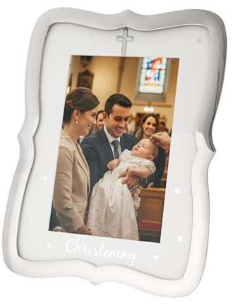 Happy Homewares Christening Picture Frame Nickel Plated with Diamante Crystal Cross and Small Silver Foil Stars | 4x6 Photo | Wall or Table