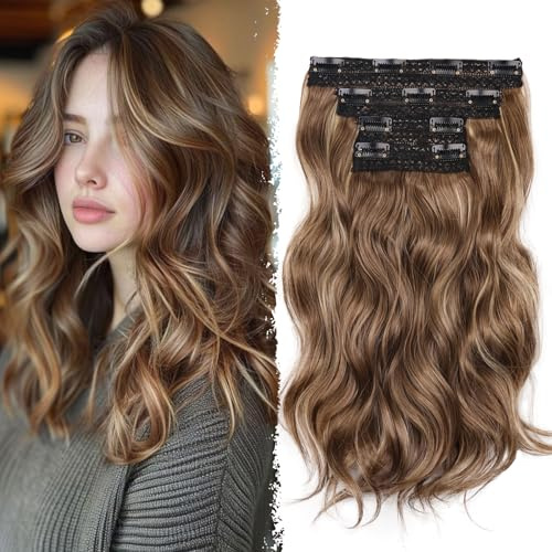 Clip In Hair Extension - 14 Inch Wavy Natural Synthetic Hair Extensions Clip In (Color: Ash Brown with Beige Blonde Highlights)