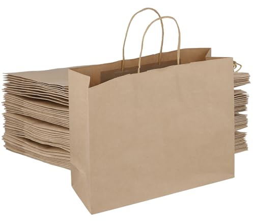 MAHIONG Große Papiertüten, Kraft-Geschenktüten mit Griffen, 32 x 11 x 25 cm, braune Papiertüte, Partytüte für Shopping, Party, Hochzeit, Geburtstag, Feiern, 40 Stück