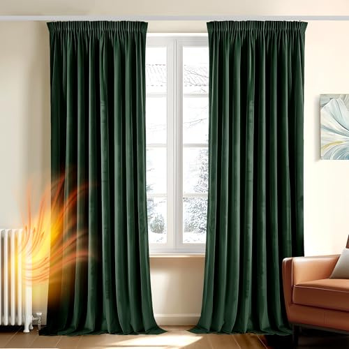 Deconovo Samtvorhang Blickdicht Gardinen mit Kräuselband Velvet Curtains Samt Vorhänge Thermovorhang für Wohnzimmer Schlafzimmer, 245x140cm(HöhexBreite), Waldgrün, 2er Set