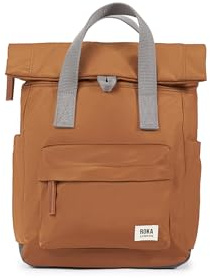 ROKA London Canfield B Small Sustainable Nylon Backpack Bran | Compact roll top backpack with wide zip opening, tablet storage, secret pocket, side pockets and adjustable shoulder straps