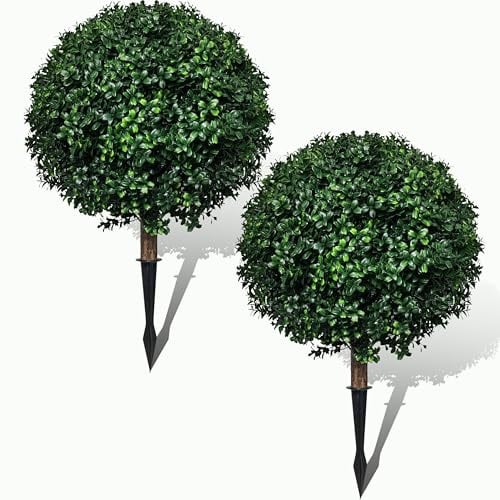 2PCS Künstliche Buchsbaumkugel, 60cm Plastik Buchsbaum Weihnachten Kunstpflanze mit Erdspieß,Künstliche Pflanzen für Innen und Außen Veranda Gärten
