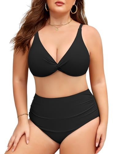Vijamiy Maillot de Bain Femme 2 Pieces Grande Taille Haute Ventre Plat Bikini Sexy Col en V Maillot de Bain Push Up Rembourré Piscine et Plage(Noir,4XL)