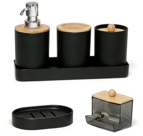 Neikafan Juego de Accesorios de Baño 6 Piezas Negro Opaco para Cocina Baño | con Dispensador de Jabón, Jabonera, Bote para Cepillos de Dientes y Bandeja, Portacepillos para Múltiples Espacios