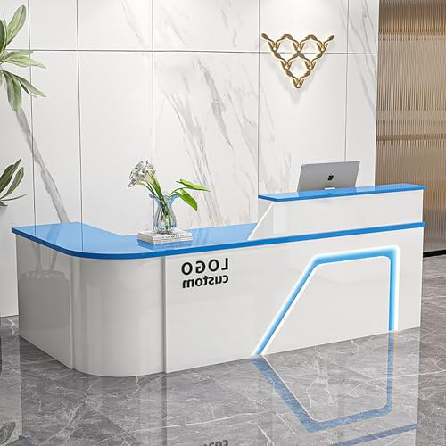 MEEYI moderner Empfangstresen Empfangstheke Tresen Rezeption 220x60x100cm Kleinere Rezeptionstheken für Kleine Unternehmen Weiß-Blau-Rechts