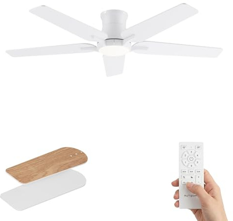 AUTODAY Ventilador de techo 122 cm con LED y mando a distancia, blanco | 24 W regulable, motor DC silencioso, aspas contrachapadas bicolores, mando a distancia con memoria, 6 velocidades, ultrafino