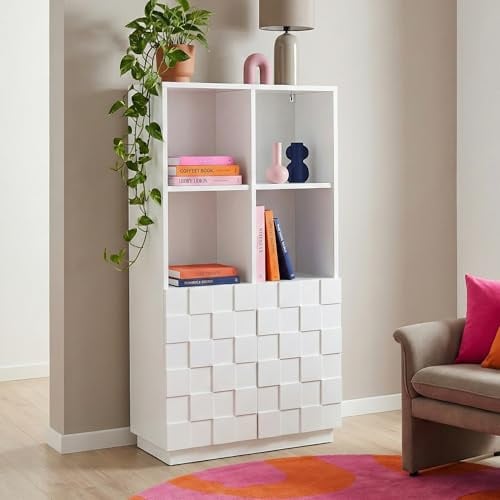 [en.casa] Highboard Wohnzimmer Bopibobro Hochschrank mit 2 Türen 3D-Front Büroschrank 4 Fächer 118 x 64 x 30 cm Kommode Weiß
