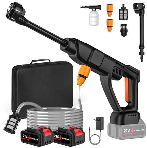 Idropulitrice a Batteria 70 Bar, Idropulitrice Portatile con Motore Brushless, Ugello 6 in 1 e 3 Velocità, 2 Batterie 21V 3.0Ah, Tubo 5m, Serbatoio Schiuma (400ML) per Auto e Terrazzo