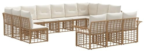 vidaXL Outdoor-Sofagarnitur 13 pcs Natürlich und Cremweiß Polyester, Verstellbare Fußpolster, wetterfest, modulares Design, Lounge-Sofa für Garten, entspannende Sitze