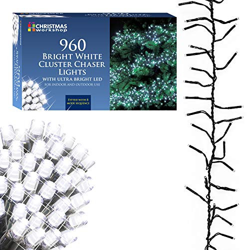 The Christmas Workshop 78470 960 Bright White LED Chaser Cluster Christmas Lights | Indoor and Outdoor Fairy Lights | 13.9 Metres | 8 Light Modes | Christmas, Weddings & Gardens