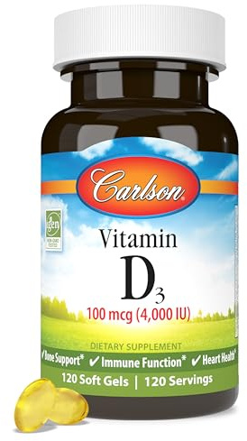 Carlson - Vitamin D3, 4000 IU (100 mcg), Vitamin D Supplements, Bone & Immune Health, Cholecalciferol Supplement, Gluten Free Vitamin D Capsules, 120 Softgels