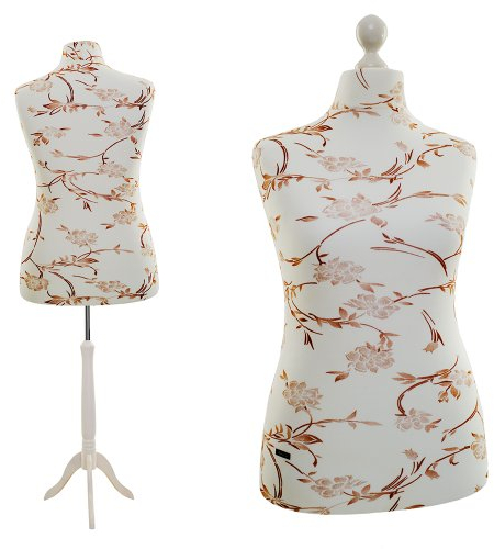 LUCCESI | Schneiderpuppe | zum Probierpreis! | Größen S - XL (Female ♀) | Size: XL (44-46) | Wechselbezug Creme-Weiss/florales Muster (braun) | Standfuss Weiss | Damen Schaufensterpuppe
