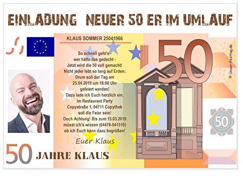 Einladungen zum Geburtstag, nur 50ster fünfzig Jahre, mit Foto, lustige witzige Karten, Text änderbar, digital als Foto (JPG) für Whatsapp oder gedruckt auf hochwertigen Feinstkarton. 1-100 Karten