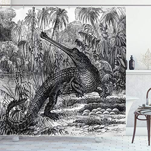 ABAKUHAUS Skizzenhaft Duschvorhang, Altes Krokodil im Wald, Stoffliches Gewebe Badezimmerdekorationsset Haken, 175 x 200 cm, Anthrazit grau
