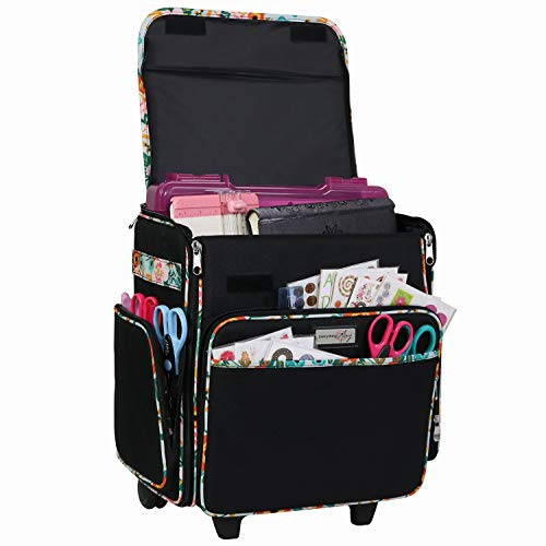 Everything Mary Wheeled Scrapbook Tote for Scrapbooking & Art - Travel Organizer Storage Bin for Paper, Glue, Tape Black/Floral