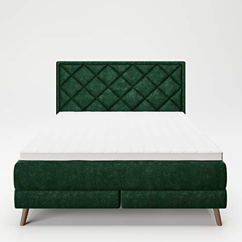 PLAYBOY Boxspringbett 160x200 aus Samtstoff mit Diamond Stitching, Kaltschaum-Topper, Härtegrad 2-3, 7-Zonen Taschenfederkernmatratze, Bonell-Federkern, Holzrahmen und Massivholzfüssen, grün/petrol