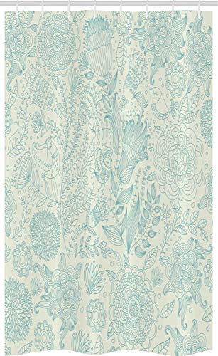 ABAKUHAUS Blau und Grün Schmaler Duschvorhang, Antike Blumen, Badezimmer Deko Set aus Stoff mit Haken, 120 x 180 cm, Hellgrün und Blau
