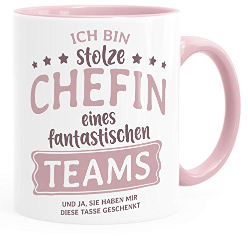 Moonworks® Kaffee-Tasse Bürotasse Spruch Ich bin stolze/r Chefin/Chef eines fantastischen Teams Geschenk Chef/in Teamleiter/in Vorgesetzter Chefin inner-rosa Keramik-Tasse