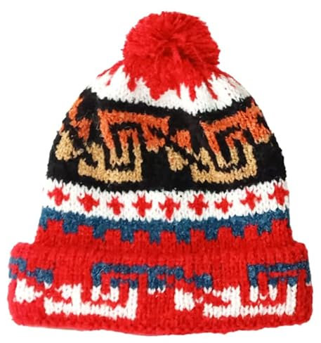 TINKUY Peru Alpaka Wolle Winter Beanie Handgemachte Bommelmütze Unisex Einheitsgröße, Rot/Ausflug, einfarbig (Getaway Solids), Einheitsgröße