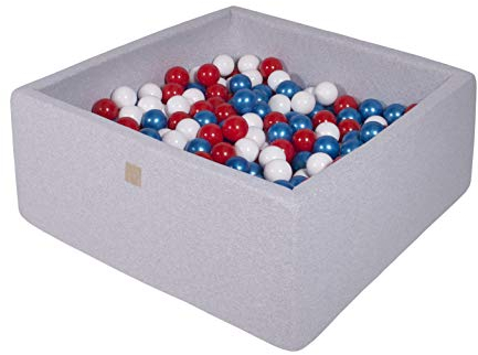 MEOWBABY Bällebad 90X90X40cm/300 Bälle ∅ 7Cm Baby Spielbad Mit Bällen Quadratisch Spielbälle Bällebad Spielzeug für Kinder Made In EU Hellgrau: Blaue Perle/Weiß/Rot
