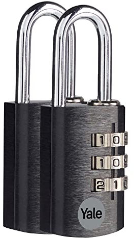Yale YE3CB/28/126/2/BK - Standardschutz - Aluminium-Kombinationsvorhängeschloss Silber 28 mm - Stahlbügel - 3-Zahlenschloss- 2er Set
