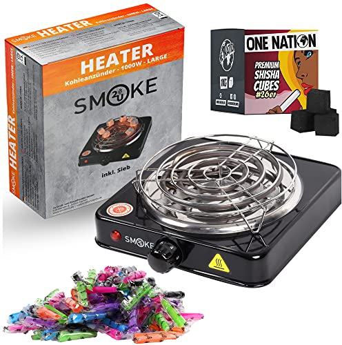 1000 W Elektrischer Kohleanzünder Blitzschnell, Kohle Anzünder mit Kohlegitter, Charcoal Hotplate mit Edelstahl Heizspirale, 5-Stufig mit Überhitzungsschutz - 2 Kg Kohle & 100 Hygienemundstücke