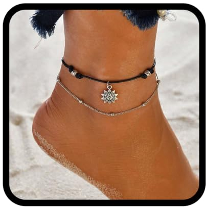 Handcess Bracelet de cheville bohème double en argent avec perles superposées pour femmes et filles