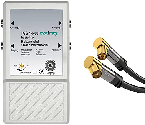 Axing TVS 14-00 4 Fach Verteilverstärker für kleine BK (Kabelfernsehen) und terrestrische Netze mit UKW u. DVB-T2 HD & KabelDirekt - Antennenkabel 90° gewinkelt - 0,5m - (75 Ohm) - PRO Series