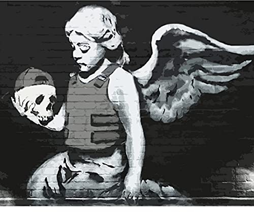 Tucocoo Peinture à l'huile Banksy - Motif tête de mort d'ange - Noir et blanc - Pour adultes - Peinture à l'huile sur toile - Peinture par numéros - Pour débutants (40,6 x 50,8 cm)