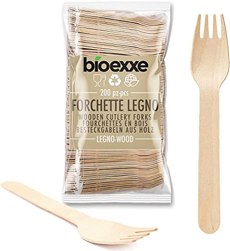 Tenedores desechables de bioexxe®, 200 uds | Cubiertos desechables en Madera Biodegradable, Sin plástico, Compostable