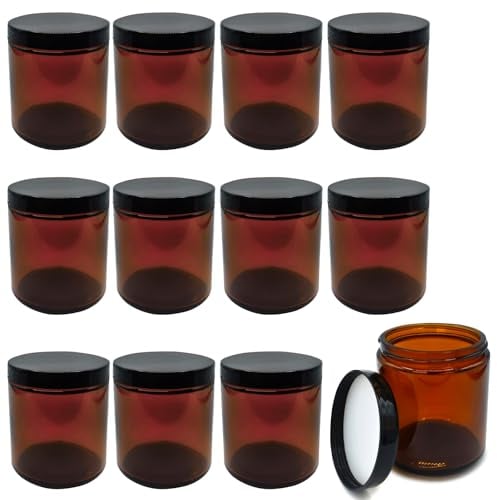volila Tarros Cosmeticos en Vidrio Ámbar con Tapas - Caja de 12 Piezas de 180 ml Cada Una - Botes para Cremas y Lociones con Insertos Blancos, Botes de Crema, Botes Vacios Para Rellenar