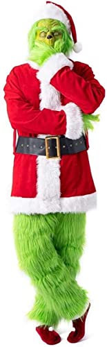 ZLYJ Flovey Grinch Cosplay Kostüm Grüne Maske Weihnachtsmütze Socke Komplettset Outfits Weihnachten Prop Red,XXXL