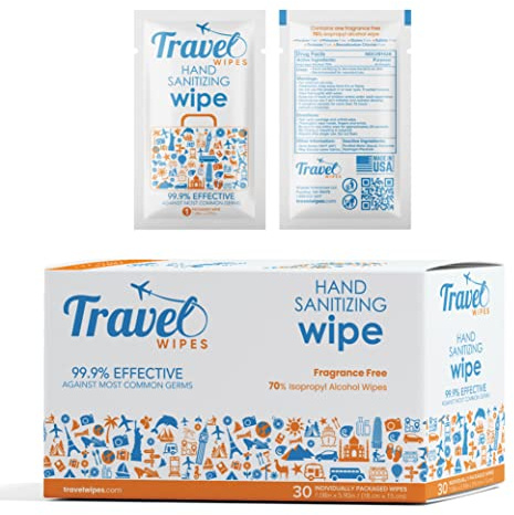 Hand Sanitizing Travel Wipes – 30ct Individually Wrapped | Fragrance-Free, Moisturizing, 70% Isopropyl Alcohol Wipes | Travel, Home, Office, Daily Use | Made in USA