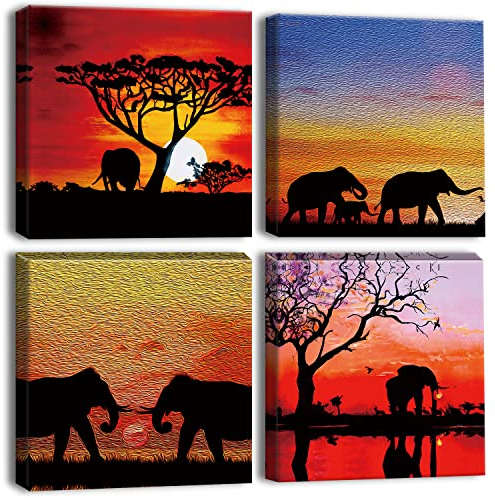 Artscope 4 Pièces Impression sur Toile - Impression sur Toile Décoration Murale pour Chambre Peintures à l'huile pour Maison Bain Salon Chambre Restaurant (30x30cm, Éléphant D'afrique)