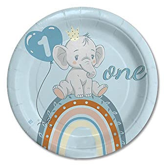 Nataluna Piatti 18 cm One Birthday Elefantino Celeste conf da 8 Pezzi