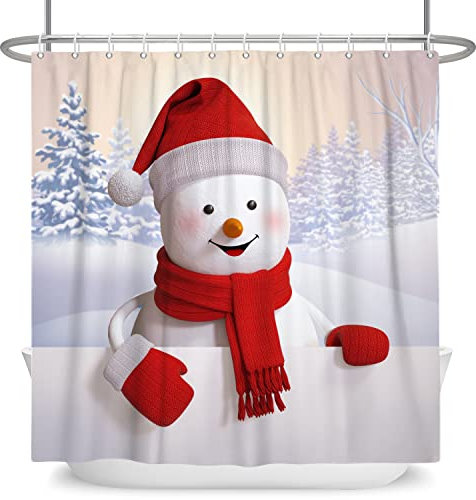 SDOTPMT 152x183cm Mignon Bonhomme de Neige avec Rouge Chapeau Écharpe Rideau de Douche l'hiver Congère Noël Arbre Flocon de Neige Rideau de Baignoire pour Salle Bains Polyester avec Crochets