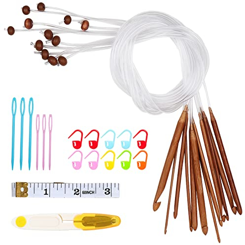 Aeelike 12 Stück Tunesische Häkelnadel mit Karbonisierter Bambus-Griff, 3-10 mm Tunesische Häkelnadeln Set mit Seil und Zubehör, 120 cm Tunesisch Häkelnadeln für Decken, Teppich, Große Strickprojekte