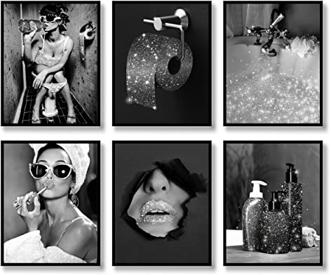 Mode-Wandkunst, Badezimmer-Dekor-Drucke, Set mit 6 pinken, schwarzen und weißen Glam-Glitzer-Seiden-Leinwand-Poster, Bilder, Fotos, Badezimmer, Kunstwerk, Wand, 20.3x25.4 cm, ungerahmt)