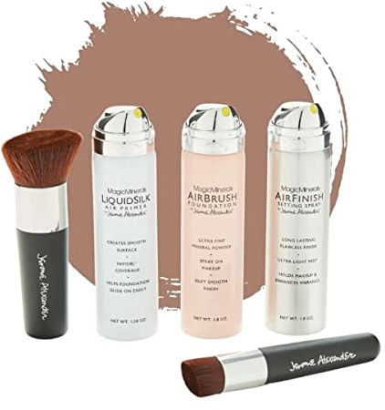 Jerome Alexander Magic Minerals AirBrush Foundation Set 5 St.Foundation + Primer & Fixier Spray + 2 Pinsel – Integriertes Make-up mit Hautpflege feuchtigkeitsspendend (Medium Dark, 50 + 50 + 45 ml)