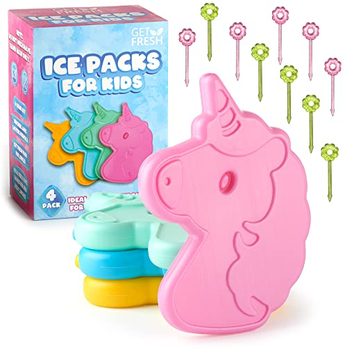 GET FRESH Mini Freezer Ice Packs for Lunch Boxes – 4-Pack Unicorn Small Freezer Blocks for Cool Bags and Lunch Boxes – Colorful Mini Ice Blocks for Kids Lunch Boxes Bags with 10 Flower Food Picks